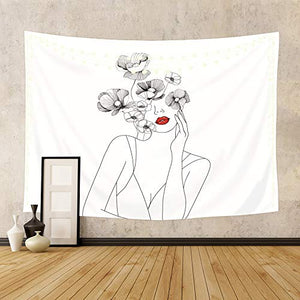 Riyidecor Woman and Flowers Tapestry 80Wx60H Inches Simple Aesthetic Black White Red Lips Abstract Art Line Sketch Blossom Design Art Printed Home Decor Wall Hanging for Living Room Bedroom Dorm