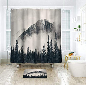 Riyidecor Forest Shower Curtain 72Wx78H Inch Metal Hooks 12 Pack National Parks Home Decor Smokey Mountain Tree Cliff Outdoor Idyllic Photo Art Decor Fabric Set