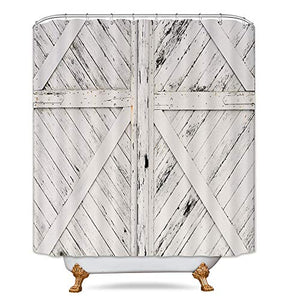 Riyidecor Rustic Barn Door Shower Curtain Painting Gray and White Wooden Vintage Farmhouse Decor Fabric Set Polyester Waterproof 72Wx72H Inch 12 Pack Metal Hooks