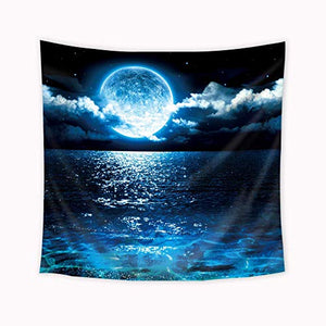 Riyidecor Moon Tapestry Wall Hanging 59Wx59H Ocean Theme Wall Decor for Men Women Blue Starry Night Sky Lake Backdrop Nature Landscape Scene Printed Decoration for Bedroom Living Room Dorm