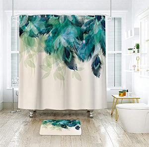 Riyidecor Watercolor Peacock Feather Shower Curtain for Bathroom Decor 60Wx72H Inch Teal Green Leaf Bathtub Accessories for Women Girl Vintage Turquoise Floral Panel Set Fabric Waterproof 12 Pack Hook
