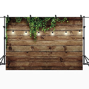 Riyidecor Vintage Wooden Board Backdrop Green Leaves on Brown Wood Plank Floor Plants Lights Rustic Retro Birthday Party Photographic Background 8Wx6H Feet Decor Props Photo Shoot Banner Fabric