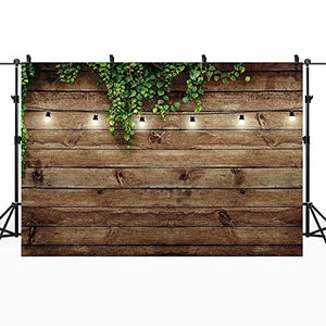 Riyidecor Vintage Wooden Board Backdrop Green Leaves on Brown Wood Plank Floor Plants Lights Rustic Retro Birthday Party Photographic Background 5Wx3H Feet Decor Props Photo Shoot Banner Fabric