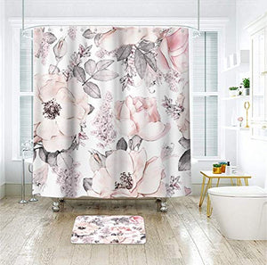 Riyidecor Watercolor Flower Shower Curtain Floral 72Wx72H Inch Abstract Pink Blossom Spring Rose Waterproof Fabric Modern Polyester Bathroom Bathtub Decoration 12 Pack Plastic Hooks