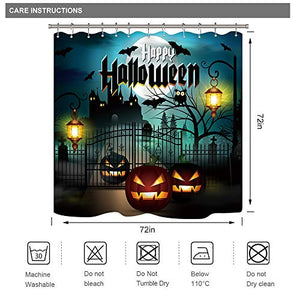 Riyidecor Happy Halloween Shower Curtain Pumpkin Cute Teal Scary Ghost Kids Castle Moon Creative Blazing Decor Fabric Set Polyester Waterproof 72x72 Inch 12 Pack Plastic Hooks Included