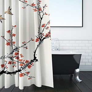 Riyidecor Stall Blossom Cherry Buds Shower Curtain 36Wx72H Inch Spring Flower Branches Asian Style Japanese Chinese Floral Painting Birds Decor Fabric Polyester Waterproof Fabric 7 Pack Plastic Hooks