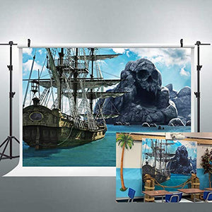 Riyidecor Pirates Island Backdrop Ship Cruises Caribbean Sea Ocean Rock Photography 8x6 Feet Backgrounds Photo Portrait Funny Party Celebration Decor Photo Shoot Props Vinyl