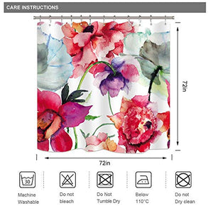 Riyidecor Watercolor Floral Shower Curtain Spring Colorful Flower Peony Red White Decor Fabric Panel Bathroom 72" Wx72 H Inch 12 Pack Plastic Hooks Included