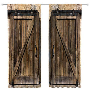 Riyidecor Rustic Wooden Barn Door Curtains for Living Room Decoration Rod Pocket Wood Brown Door Window Curtains Farmhouse Art Printed Bedroom Window Drapes Treatment Fabric (2 Panels 52 x 84 Inch