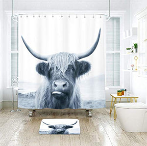 Riyidecor Funny Blue Bull Shower Curtain 60Wx72H Inch Highland Cow Animal Wildlife Cute Sketch Milk Waterproof Fabric Modern Fashion Polyester Bathroom Decor 12 Pack Plastic Hooks