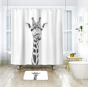 Riyidecor Funny Animal Shower Curtain Giraffe Jungle Safari Tropic African Wildlife Black and White Kid Boy Modern Designer Cool Bathroom Decor 72Wx72H inch 12 Pack Plastic Hooks