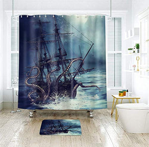 Riyidecor Octopus Ocean Kraken Nautical Shower Curtain Pirate Ship Boys Kids Steampunk Sailboat Bathroom Decor Fabric Polyester Waterproof 72x72 Inch with 12 Pack Hooks