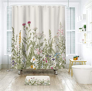 Riyidecor Fabric Green Leaves Shower Curtain for Bathroom Decor 60Wx72H Inch Floral Flower Botanical Decorative Bath Set Plants Herbs Bathroom Accessories Polyester Waterproof 12 Pack Hooks
