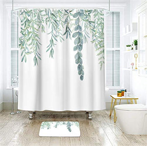 Riyidecor Green Leaf Shower Curtain 72Wx84H Inch Plant Eucalyptus Organic Green Bathroom Accessories Fabric Waterproof Home Bathtub Decor 12 Pack Plastic Hook