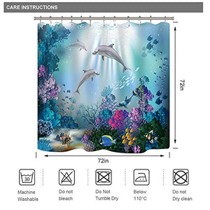 Riyidecor Dolphin Shower Curtain Underwater Algaes Coral Reefs Sunbeam Tropical Fish Marine Wildlife Ocean Animal Seabed Bathroom Decor Fabric Polyester Waterproof 72Wx72H Inch 12 Pack Plastic Hooks