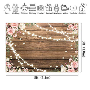 Riyidecor Floral Wooden Backdrop 5x3ft Rustic Pink Flowers Shiny Lights Brown Party Photography Background Bridal Anniversary Decorations Banner Props Festival Photo Shoot Vinyl Cloth