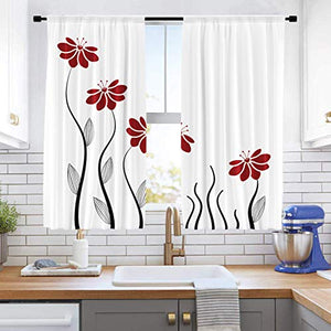 Riyidecor Red Flower Kitchen Curtains 55 x 39 Inch Floral Petals Rod Pocket Leaves Lines Geometrical Modern Woman Girl White Black Printed Living Room Bedroom Window Drapes Treatment Fabric 2 Panels