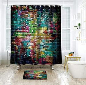 Riyidecor Colorful Brick Wall Shower Curtain Hip Hop Graffiti Colorful Rainbow Painting Decor Fabric Bathroom Polyester Waterproof 72x72 Inch 12-Pack Plastic Hooks