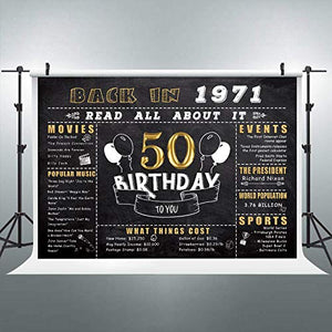 Riyidecor 50th Happy Birthday Gold and Black Backdrop Anniversary Decorations 7x5 Feet Golden Fifty Years Old Back in 1971 Photography Background Adult Party Celebration Props Photo Shoot Vinyl Cloth