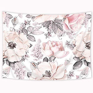 Riyidecor Watercolor Floral Rose Tapestry Elegant Pink Bloom Flowers and Leaves Spring Plant Botanical White Rustic Home Decor Wall Hanging for Living Room Bedroom Dorm 60x80 Inches