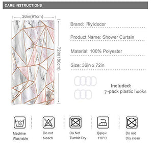 Riyidecor Pink Marble Shower Curtain Geometric Gray Rose Gold Stripes 36Wx72H Inch Cracked Pattern Lines White Panel Realistic Art Printed Fabric Waterproof Bathtub Decor 7 Pack Plastic Hooks