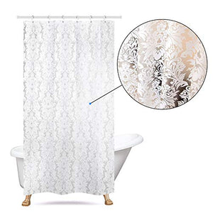Riyidecor White Floral Damask Shower Curtain Panel 36W x 72H Inches Plastic Hooks 7 Pack Decor Fabric Bathroom Set Polyester Waterproof