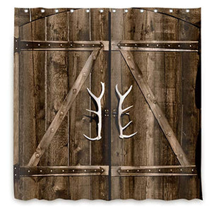 Riyidecor Wooden Garage Barn Door Shower Curtain with Vintage Rustic Country Gate Decor Fabric Bathroom Set Polyester Waterproof 60x72 Inch Plastic Hooks 12 Pack