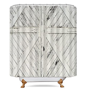 Riyidecor Extra Long Fabric Barn Door Shower Curtain for Bathroom 72Wx78H Inch Rustic Wood Bath Curtain for Men Women Farmhouse Door Pattern Home Decor Western Country Set Waterproof 12 Pack Hooks