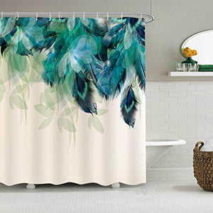 Riyidecor Extra Long Watercolor Peacock Feather Shower Curtain for Bathroom Decor 72Wx84H Inch Teal Green Leaf Bathtub Accessories for Women Girls Turquoise Floral Set Fabric Waterproof 12 Pack Hook