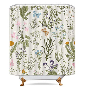 Riyidecor Floral Flower Shower Curtain 72Wx72H Inch Botanical Green Leaves Herbs Plant Waterproof Bathroom Fabric Decor Polyester 12 Pack Plastic Hooks