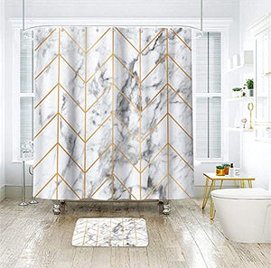 Riyidecor Marble Shower Curtain 60x72 Inch Chevron Geometric Herringbone Abstract Cute Ink Texture Chic Cool Luxurious Neutral Classy Aesthetic 12 Pack Hooks Bathroom Decor Fabric Polyester Waterproof