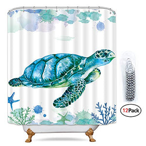 Riyidecor White Sea Turtle Shower Curtain Include Metal Hooks 12 Pack Ocean Animal Colored Shower Curtain Panel for Bathtub 72x72 Inch Polyester Waterproof Fabric