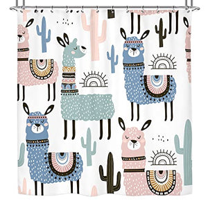 Riyidecor Cute Llama Alpaca Shower Curtain 72Wx72H Fun Kids Cartoon Animals Colorful Boys Cactus Bath Decor Fabric Set Polyester Waterproof Inch 12 Pack Plastic Hooks