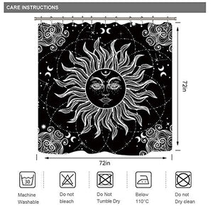 Riyidecor Mandala Celestial Shower Curtain Sun Moon Black and White Decor Medallion Floral Fabric Set Polyester Waterproof 72x72 Inch 12 Pack Plastic Hooks