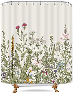 Riyidecor Fabric Green Leaves Shower Curtain for Bathroom Decor 60Wx72H Inch Floral Flower Botanical Decorative Bath Set Plants Herbs Bathroom Accessories Polyester Waterproof 12 Pack Hooks