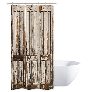 Riyidecor Stall Barn Door Shower Curtain 36Wx72H Inch Rustic Wooden Vintage Wood Farmhouse Bathroom Home Decor Countryside Life Polyester Fabric Waterproof 7 Pack Plastic Hooks