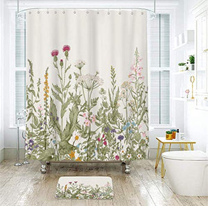 Riyidecor Extra Long Wild Flower Shower Curtain for Bathroom Decor 72Wx96H Inch Vintage Botanical Colorful Border Accessories Herbs Bathroom Set Windows Fabric Polyester Waterproof 12 Pack Hooks