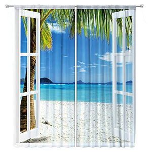 Riyidecor Ocean Beach Curtains Tropical Hawaiian Sea Turquoise Rod Rocket Island Seaside Landscape Palm Trees Windows Printed Living Room Bedroom Window Drapes Treatment Fabric 2 Panels 52 x 84 Inch