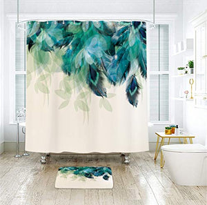 Riyidecor Watercolor Peacock Feather Shower Curtain for Bathroom Decor 72Wx72H Inch Teal Green Leaf Bathtub Accessories for Women Girl Vintage Turquoise Floral Panel Set Fabric Waterproof 12 Pack Hook