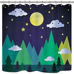 Riyidecor Mountain Forest Shower Curtain Triangle Trees Moon Stars Cloud Kids Decor Fabric Bathroom Set Polyester Waterproof 72x72 Inch Include Plastic Hooks 12 Pack