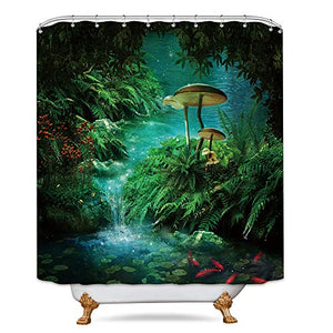 Riyidecor Fantasy Mushroom Shower Curtain 72Wx72H Inch Fairy Forest Tree Gothic Panel Jungle Green Zen River Trippy Bathroom Decor Fabric Set Polyester Waterproof 72Wx72H Inch 12 Pack Plastic Hooks