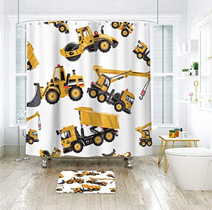 Riyidecor Construction Truck Shower Curtain Boys Excavator Cartoon Yellow Kids Machinery Bathroom Home Decor Set Waterproof Polyester 72Wx72H Inch 12 Pack Plastic Hooks