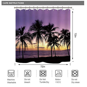 Riyidecor Sunset Beach Shower Curtain Tropical Palm Tree Landscape Hawaii Ocean Coastal Seaside Medallion Decor Fabric Polyester Waterproof 72x72 Inch 12 Pack Plastic Hooks