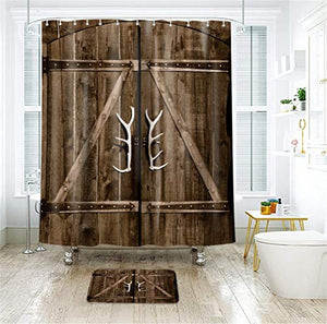 Riyidecor Wooden Garage Barn Door Shower Curtain 72Wx72H Inch Retro Rustic Farmhouse 12 Pack Metal Hooks Country Decor Fabric Bathroom Polyester Waterproof