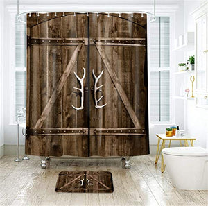 Riyidecor Wooden Garage Barn Door Shower Curtain with Vintage Rustic Country Gate Decor Fabric Bathroom Set Polyester Waterproof 60x72 Inch Plastic Hooks 12 Pack