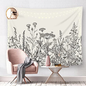 Riyidecor Plant Floral Tapestry Herbs Wild Flower 80Wx60H Inch Nature Botanical Vintage Blossom Garden Aesthetic Sketch Trendy Modern Wall Hanging Bedroom Living Room Decor