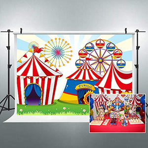 Riyidecor Circus Carnival Backdrop Fabric Polyester Ferris Wheel Red Tent 7Wx5H Feet Cartoon Kids Photography Background Decorations Newborn Birthday Party Photo Studio Shoot Backdrop Blush