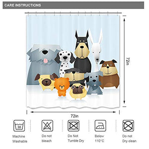 Riyidecor Funny Cartoon Dog Shower Curtain Colorful Painting Puppy Pets Animal for Kids Cute Decor Fabric Set Polyester Waterproof 72Wx72H Inch 12 Pack Plastic Hooks