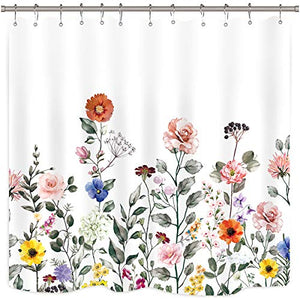 Riyidecor Floral Shower Curtain Botanical Flowers 72x84 Inch Watercolor Vintage Spring Blooming Pansy Plants Vibrant Cute Natural Bright Aesthetic Polyester Fabric Home Bathtub Decor 12 Pack Hooks