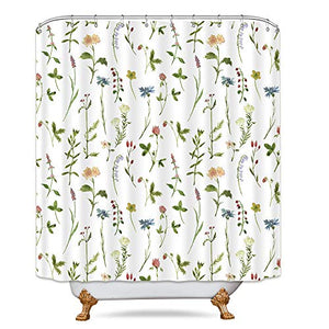 Riyidecor Fabric Floral Shower Curtain 72Wx72H Inch Botanical Plant Green Leaves Flower Watercolor Herbs Decor Bathroom Bathtub Accessories for Girl Women 12 Pack Plastic Shower Hooks Included